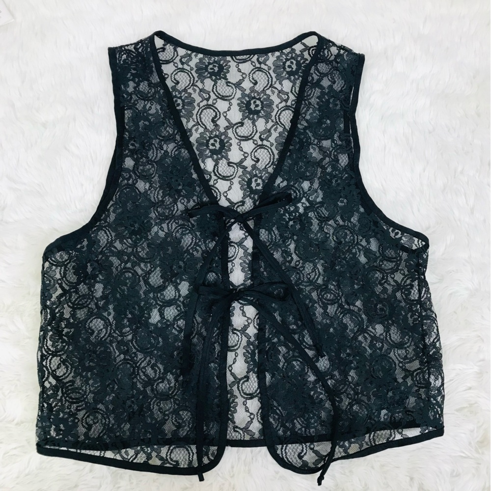 VINTAGE Sheer‎ Black Lace Tie Front Vest Top Small Goth Fairycore Grunge Y2K 90s - Picture 4 of 8